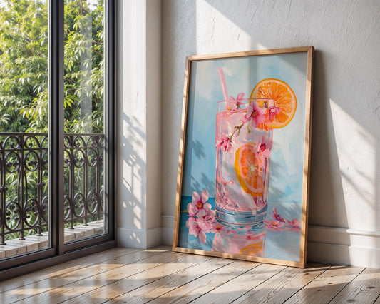 Colourful Prints | Floral Cocktail Art Print | Pink Citrus Drink Poster wall art print, modern home decor, unframed artwork by Nomad & Nest