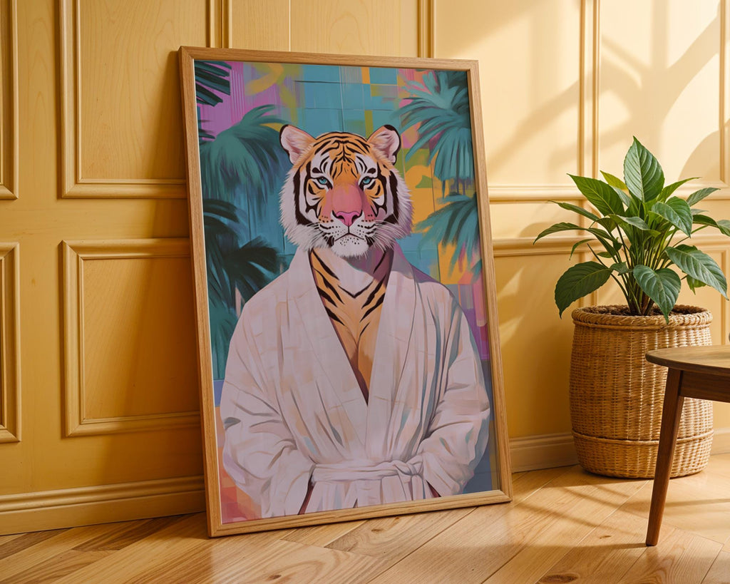 Tiger in Robe Art Print | Quirky Animal Poster wall art print, modern home decor, unframed artwork by Nomad & Nest