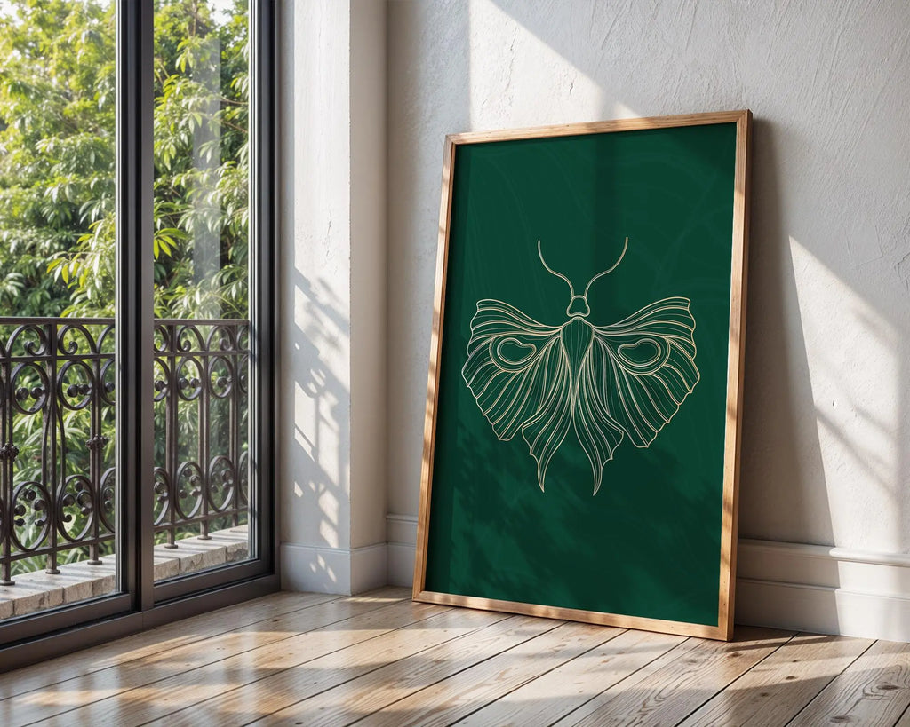 Gold Moth Line Art Print | Modern Green Insect Illustration wall art print, modern home decor, unframed artwork by Nomad & Nest