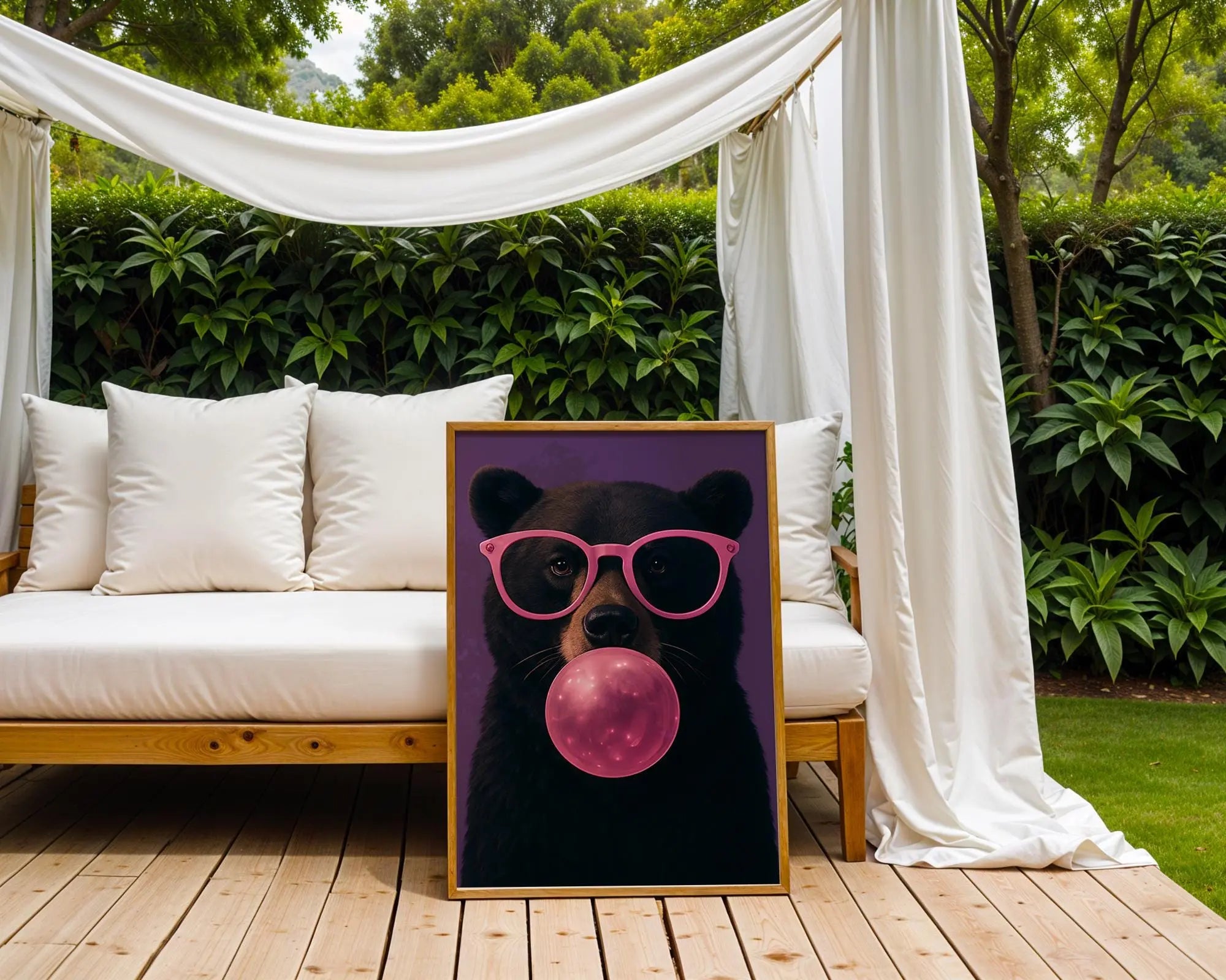 Colourful Prints | Bear Bubblegum Art Print | Funky Pink Glasses Animal Poster wall art print, modern home decor, unframed artwork by Nomad & Nest