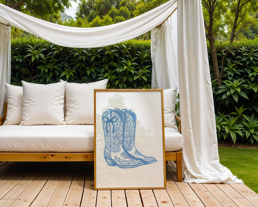 Blue Tooled Cowboy Boots Print | Elegant Western Wall Art wall art print, modern home decor, unframed artwork by Nomad & Nest