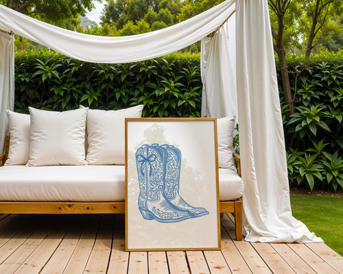 Blue Tooled Cowboy Boots Print | Elegant Western Wall Art wall art print, modern home decor, unframed artwork by Nomad & Nest