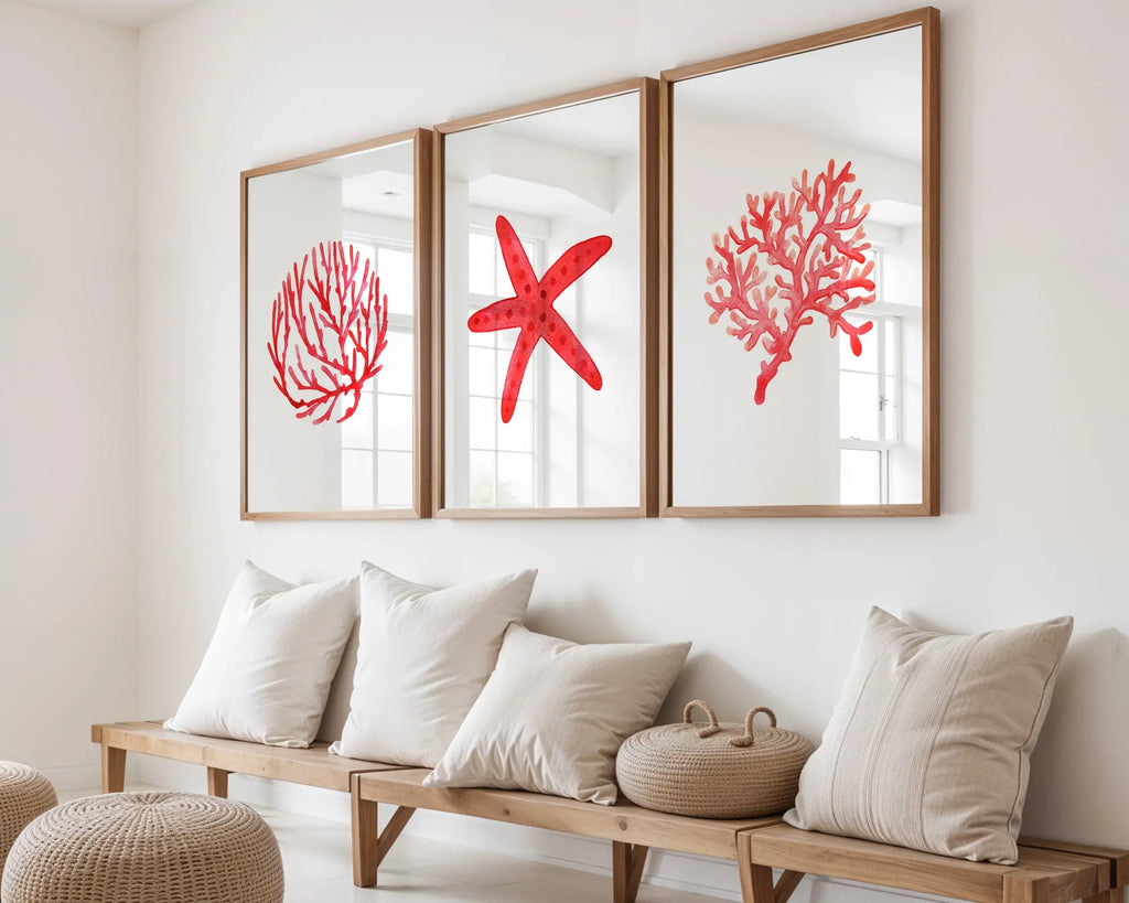 Colourful Prints | Coastal Coral & Starfish Art Prints, Beach House (Set of 3) wall art print, modern home decor, unframed artwork by Nomad & Nest