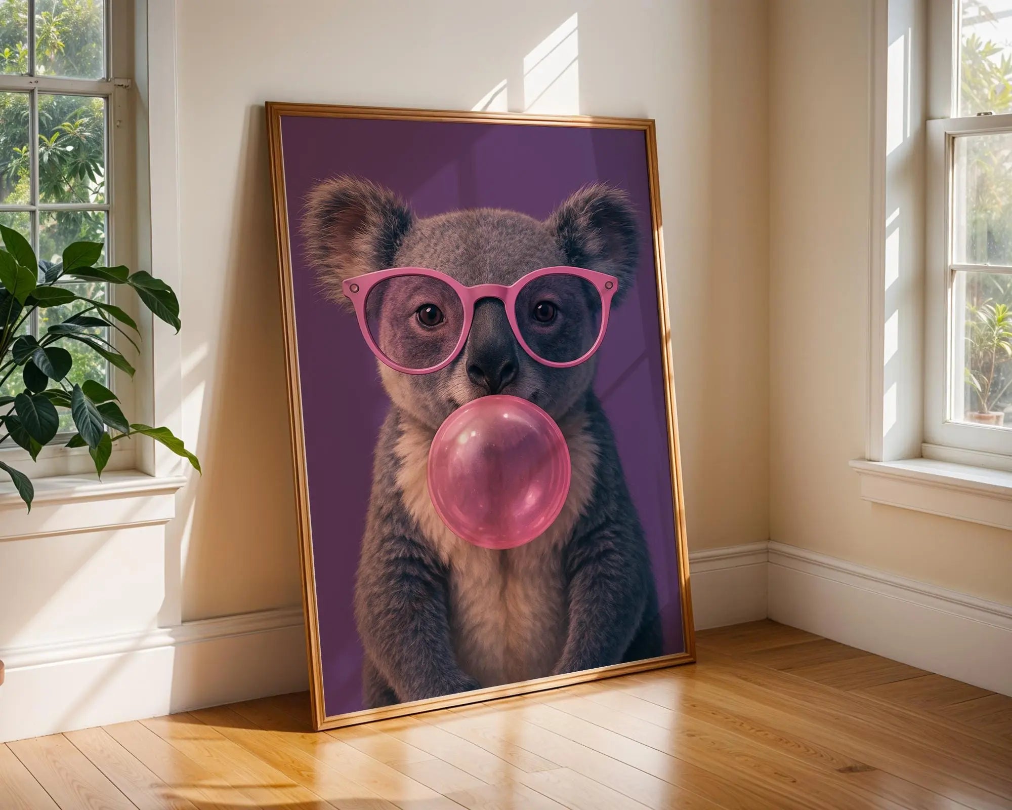 Colourful Prints | Koala Bubblegum Print | Funky Animal Art with Pink Glasses wall art print, modern home decor, unframed artwork by Nomad & Nest