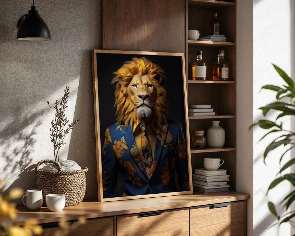 Floral Suit Lion Art Print | Quirky Animal Portrait wall art print, modern home decor, unframed artwork by Nomad & Nest