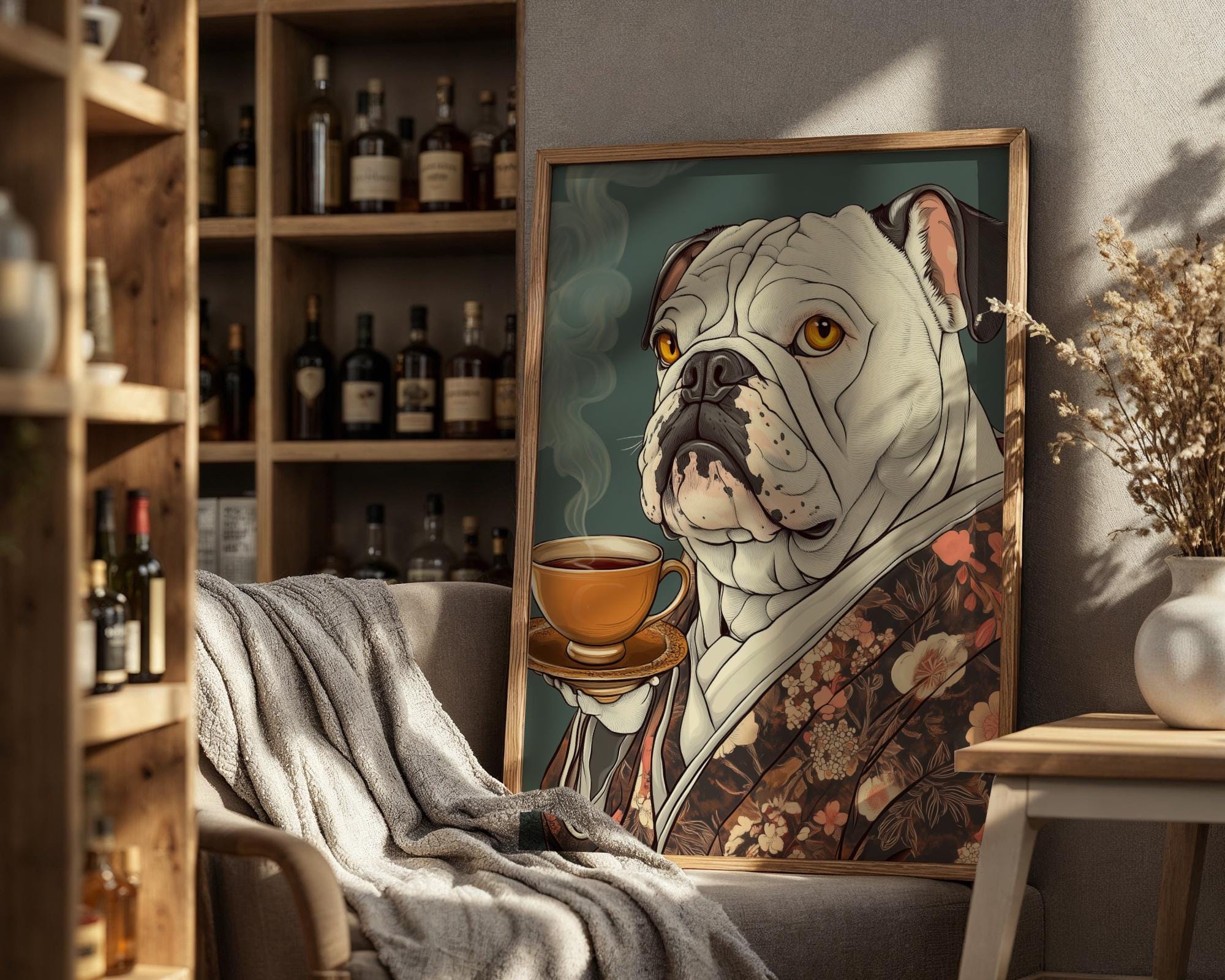 Japanese Poster | Bulldog Kimono Art Print – Funny Oriental Dog Tea wall art print, modern home decor, unframed artwork by Nomad & Nest
