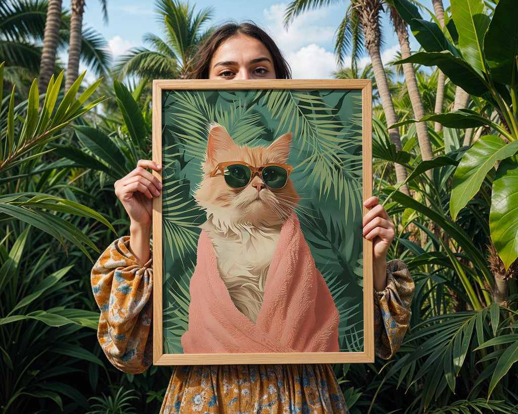 Colourful Prints | Tropical Ginger Cat Art Print | Funny Pink Towel, Palm Leaf Decor wall art print, modern home decor, unframed artwork by Nomad & Nest