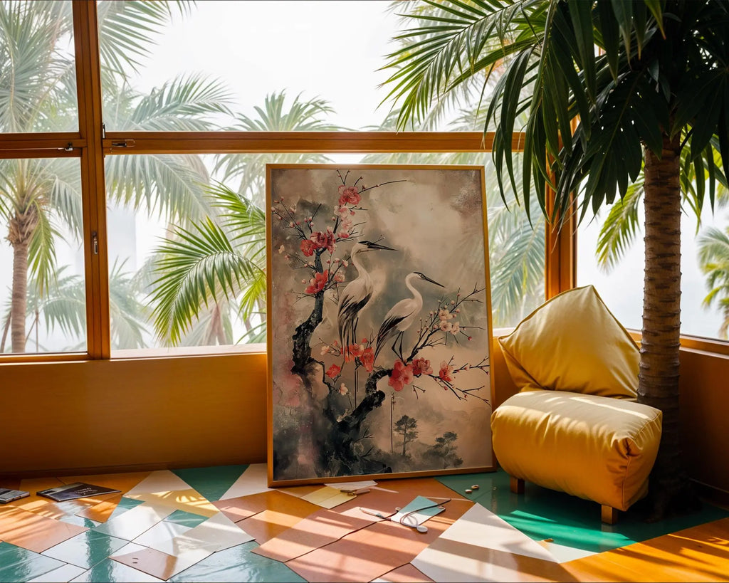 Oriental Crane Print | Japanese Bird & Blossom Wall Art wall art print, modern home decor, unframed artwork by Nomad & Nest