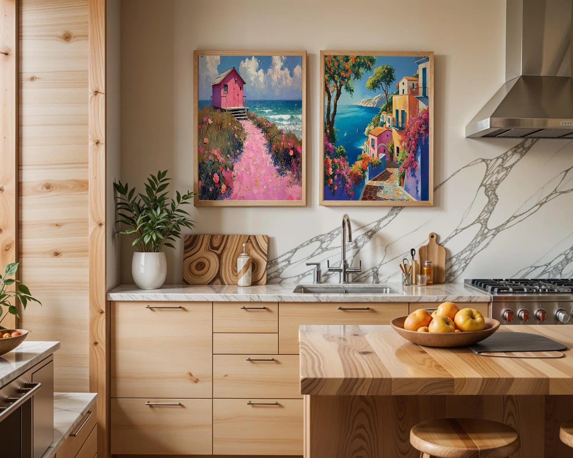 Colourful Prints | Coastal Art Print • Pink Beach House & Mediterranean Village wall art print, modern home decor, unframed artwork by Nomad & Nest