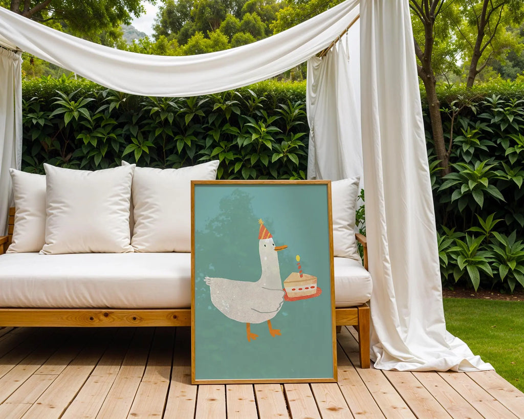 Goose Birthday Cake Print | Whimsical Animal Kids Room Art wall art print, modern home decor, unframed artwork by Nomad & Nest