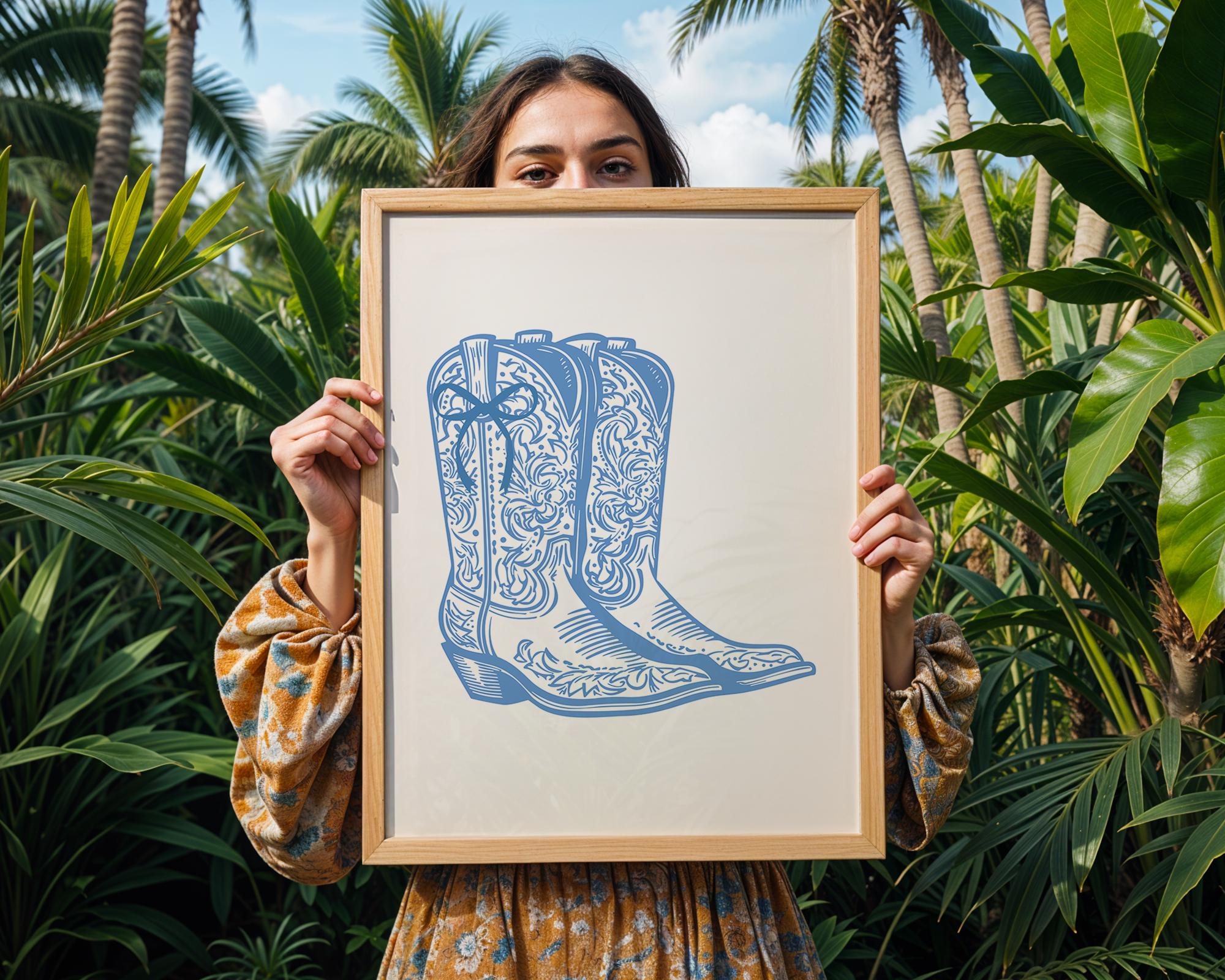Blue Tooled Cowboy Boots Print | Elegant Western Wall Art wall art print, modern home decor, unframed artwork by Nomad & Nest