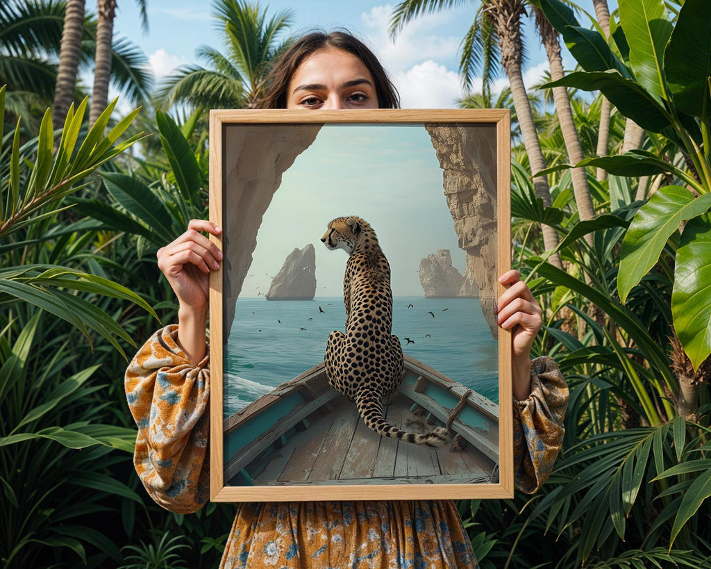 Colourful Prints | Cheetah on Boat Art Print | Coastal Safari Wall Decor wall art print, modern home decor, unframed artwork by Nomad & Nest