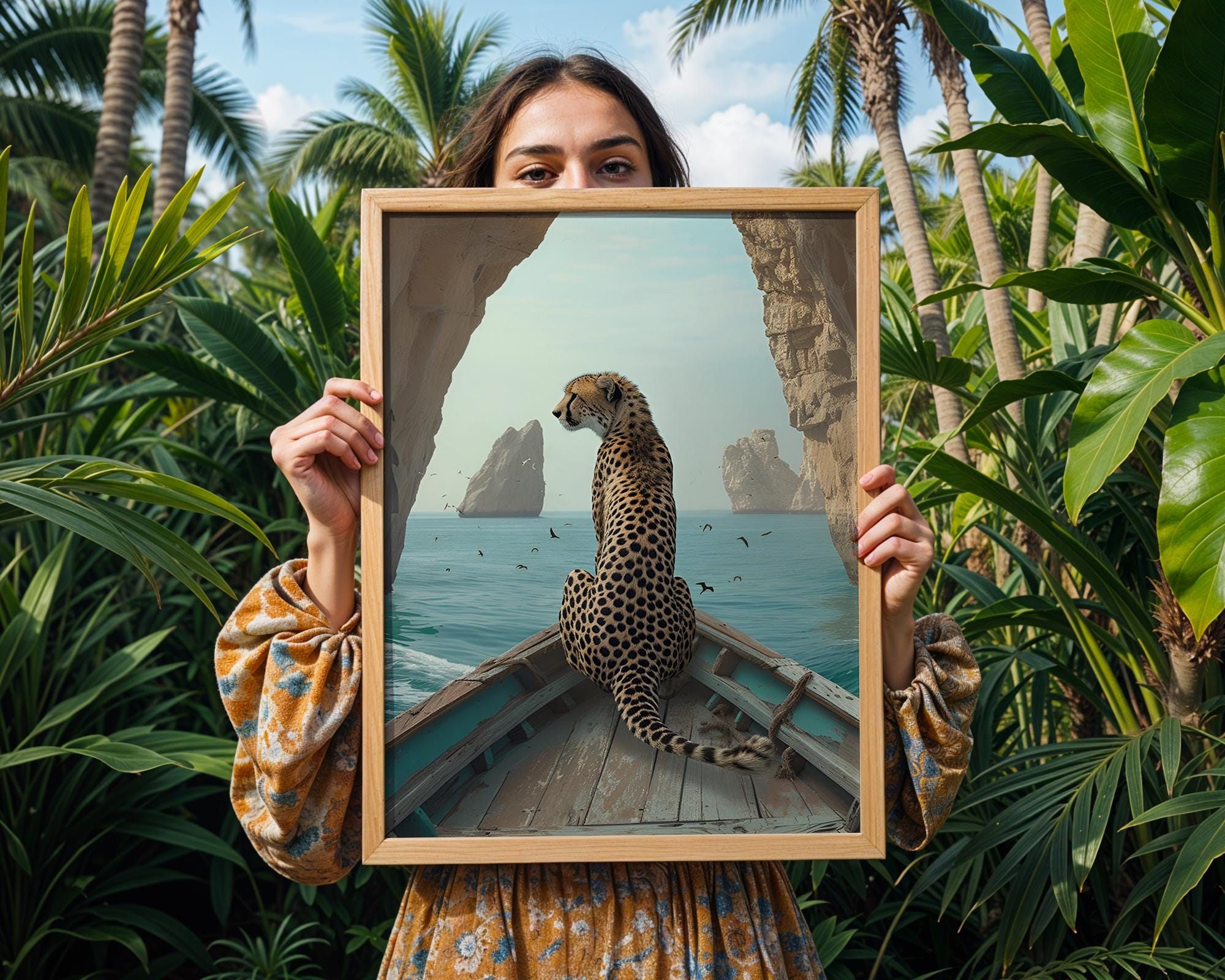 Colourful Prints | Cheetah on Boat Art Print | Coastal Safari Wall Decor wall art print, modern home decor, unframed artwork by Nomad & Nest