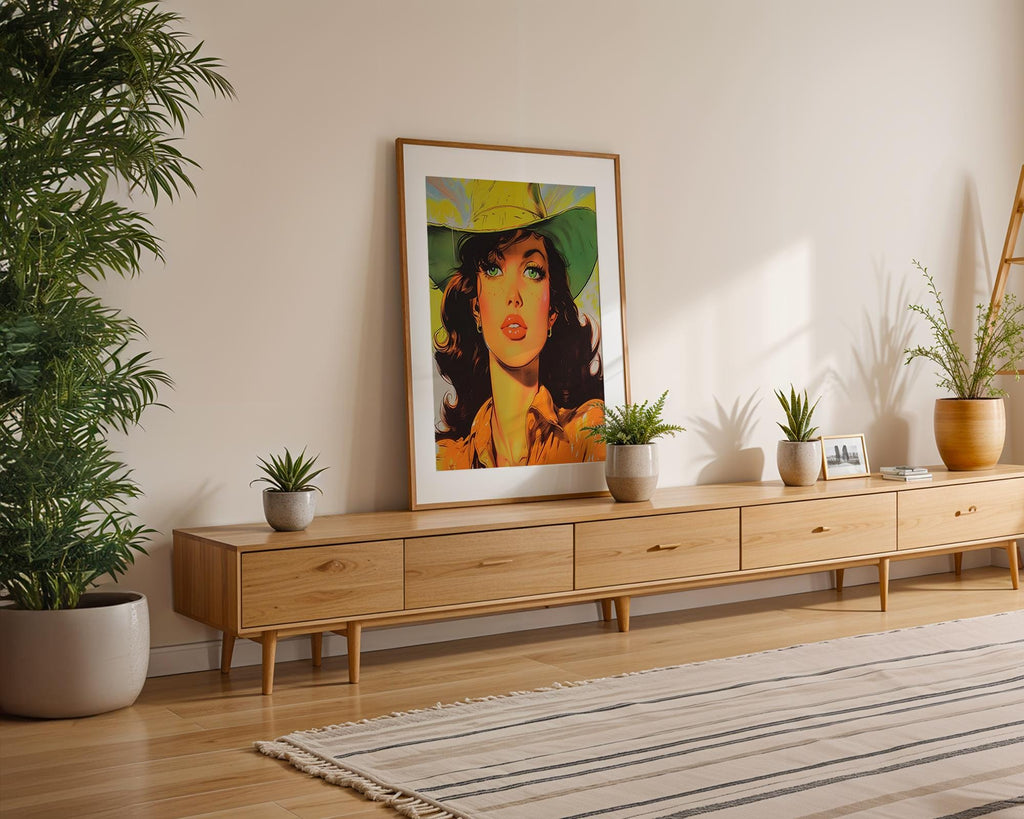 Modern Pop Art | Cowgirl Portrait | Retro Western Woman with Green Hat Poster wall art print, modern home decor, unframed artwork by Nomad & Nest