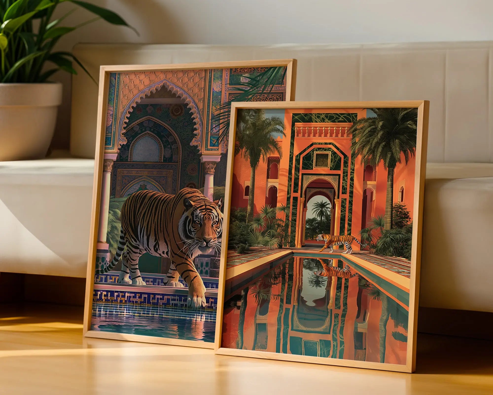 Colourful Prints | Moroccan Tiger Pool Art Prints | Exotic Jungle Wall Decor (Set of 2) wall art print, modern home decor, unframed artwork by Nomad & Nest