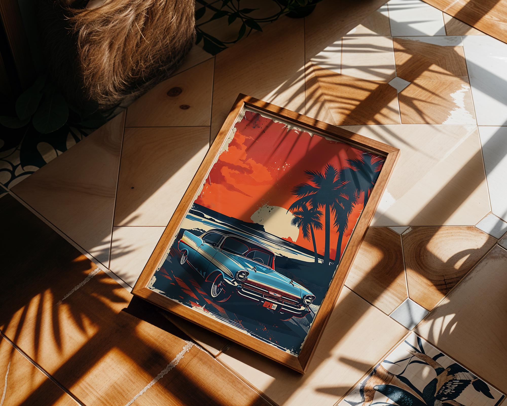 Modern Pop Art | Retro Chevy Car Print | Coastal Sunset Beach Scene Poster wall art print, modern home decor, unframed artwork by Nomad & Nest