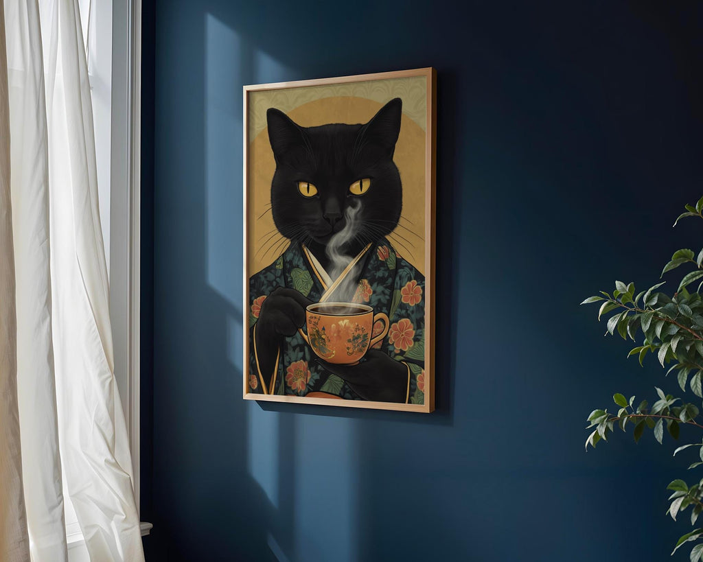 Japanese Poster | Black Cat Kimono Print – Vintage Feline Coffee wall art print, modern home decor, unframed artwork by Nomad & Nest