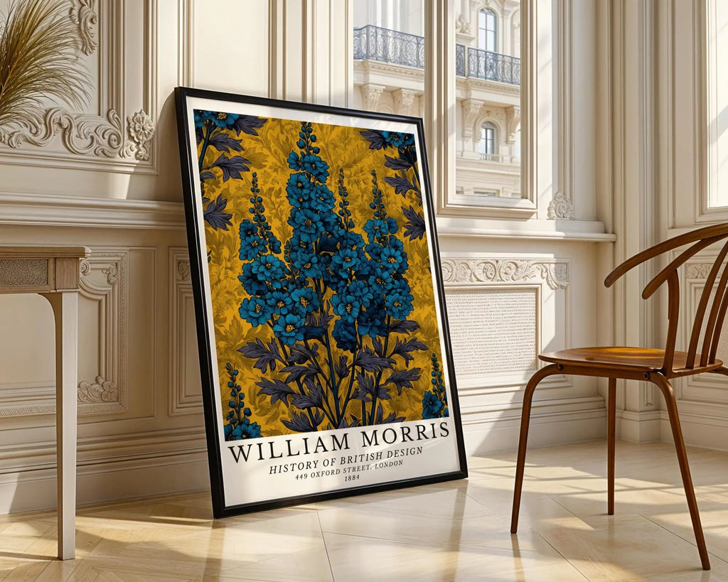 William Morris Print | Golden Botanical Wall Art Style Blue Delphinium Poster wall art print, modern home decor, unframed artwork by Nomad & Nest