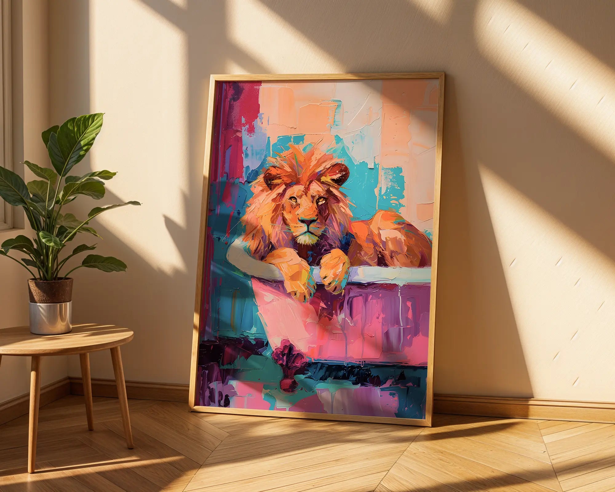 Colourful Prints | Abstract Lion Bath Print | Jungle Animal Wall Art wall art print, modern home decor, unframed artwork by Nomad & Nest