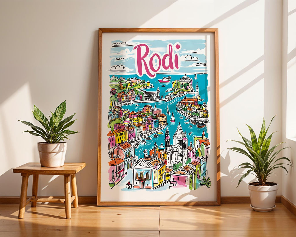 Rhodes Greece Art Print | Colorful Old Town Coastal Decor wall art print, modern home decor, unframed artwork by Nomad & Nest
