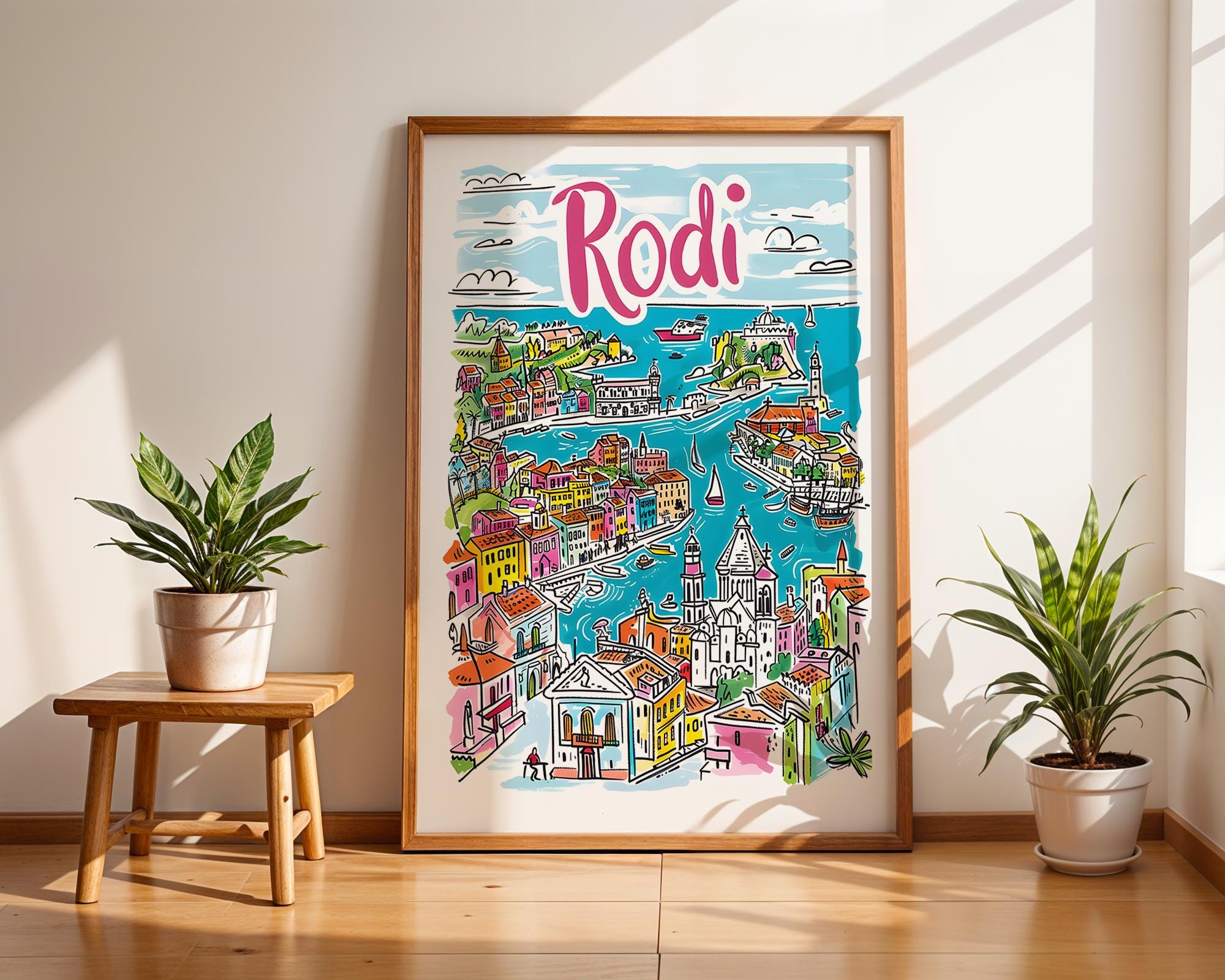 Rhodes Greece Art Print | Colorful Old Town Coastal Decor wall art print, modern home decor, unframed artwork by Nomad & Nest