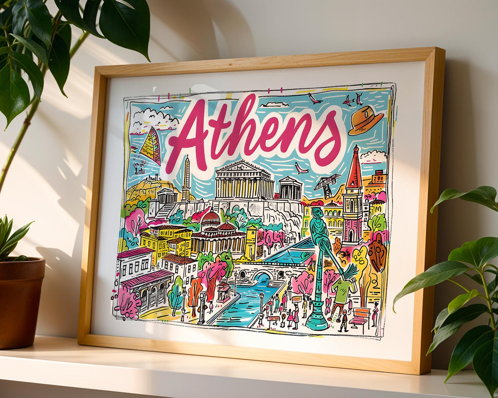 Athens Greece Travel Poster | Colorful Parthenon Art Print wall art print, modern home decor, unframed artwork by Nomad & Nest