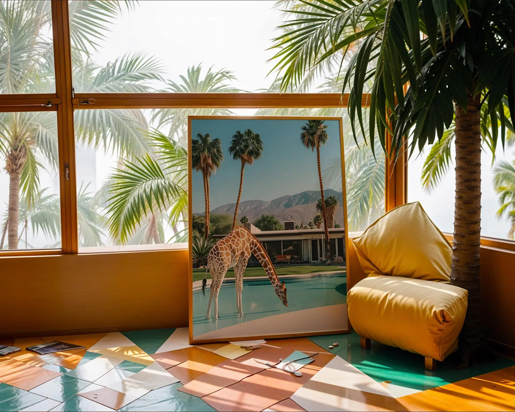 Colourful Prints | Giraffe Pool Art Print | Retro Palm Springs Decor wall art print, modern home decor, unframed artwork by Nomad & Nest