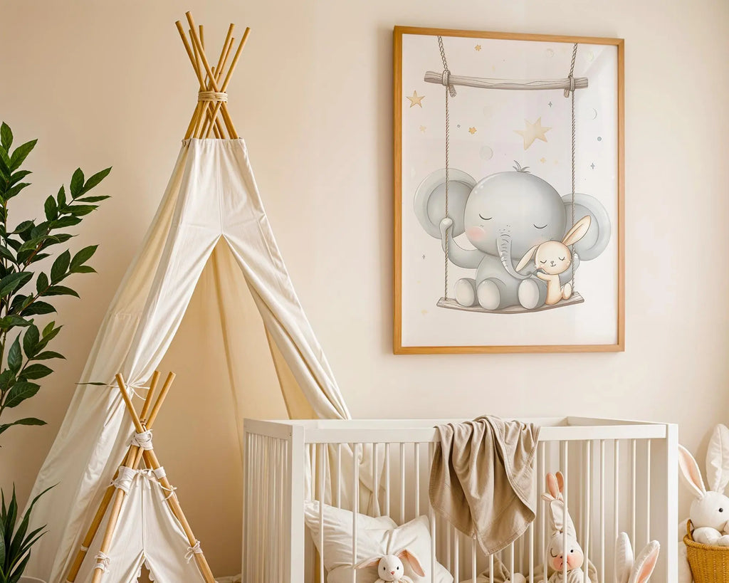 Playroom Ideas | Elephant Swing Nursery Art | Neutral Safari Baby Print wall art print, modern home decor, unframed artwork by Nomad & Nest