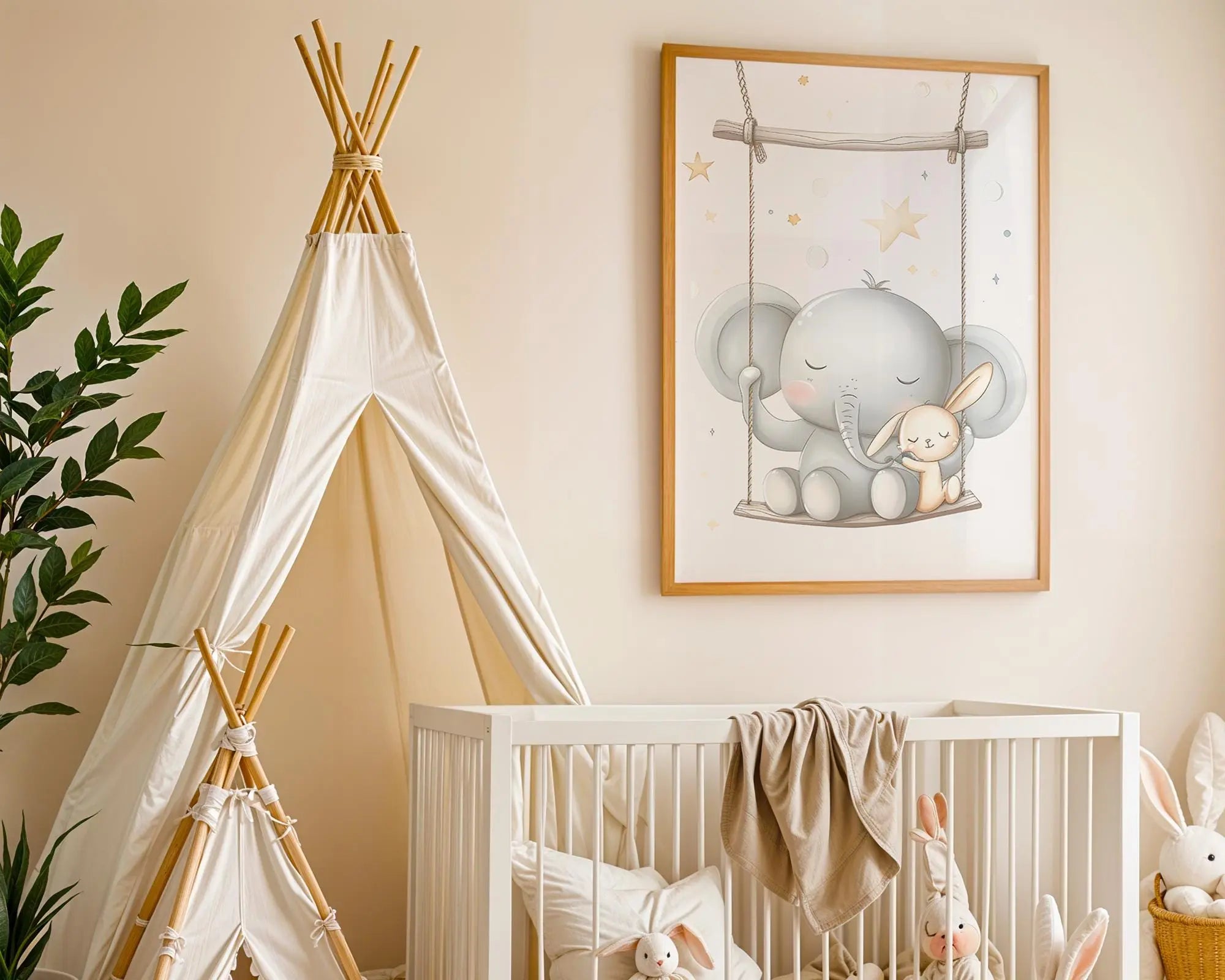 Playroom Ideas | Elephant Swing Nursery Art | Neutral Safari Baby Print wall art print, modern home decor, unframed artwork by Nomad & Nest