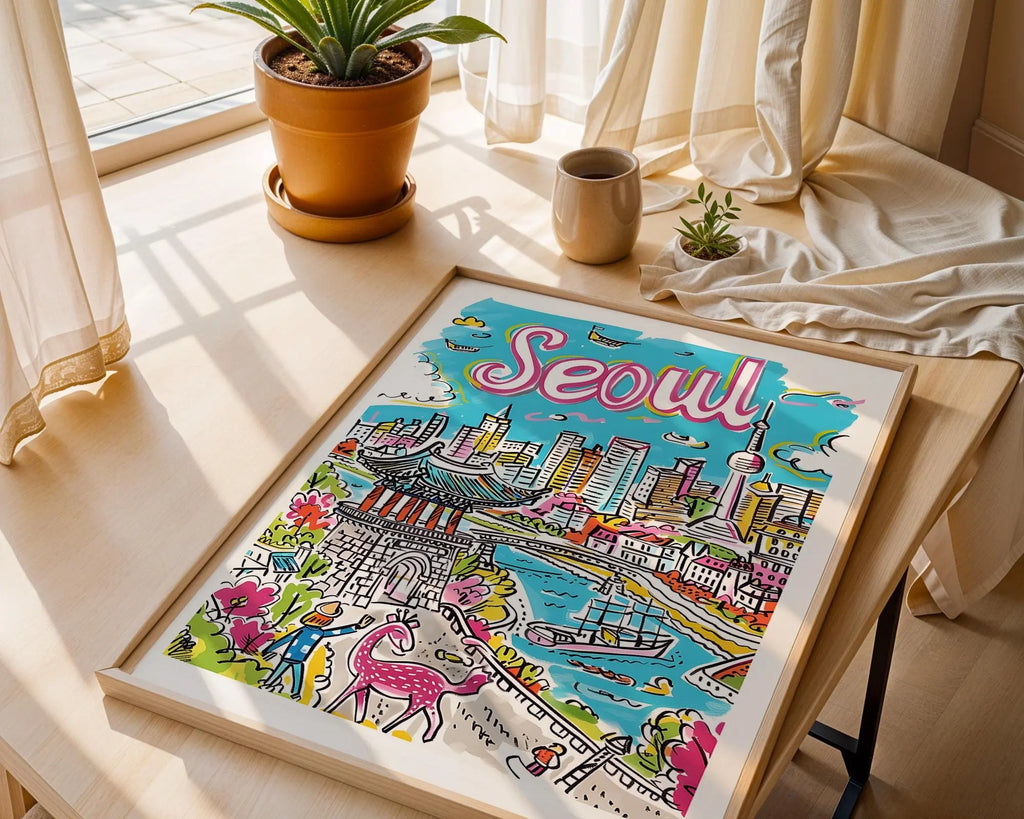 Seoul Travel Poster | Illustrated South Korea City Skyline Art Print wall art print, modern home decor, unframed artwork by Nomad & Nest
