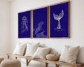 Colourful Prints | Navy Coastal Line Art Print Set | Jellyfish, Whale Tail, Wave (Set of 3) wall art print, modern home decor, unframed artwork by Nomad & Nest