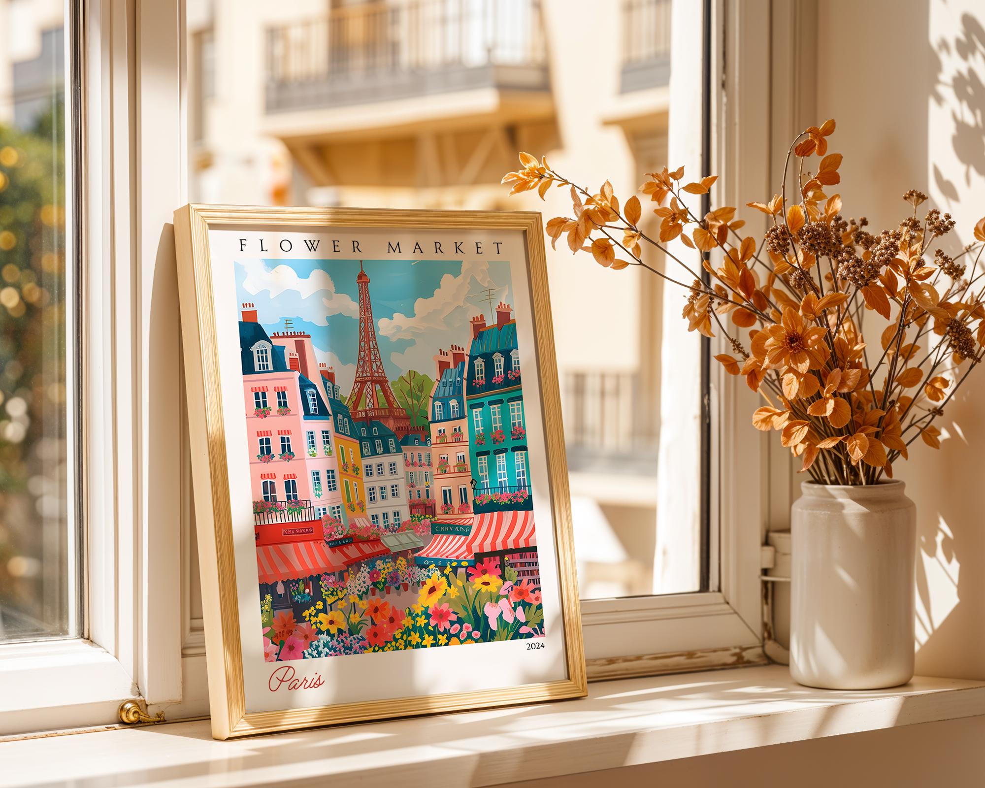 Paris Flower Market Poster | Eiffel Tower Vintage Travel Print wall art print, modern home decor, unframed artwork by Nomad & Nest
