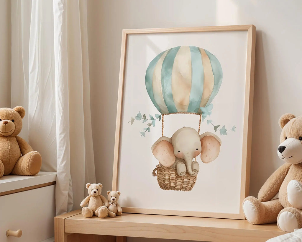 Playroom Ideas | Elephant Balloon Nursery Art | Blush Safari Baby Decor wall art print, modern home decor, unframed artwork by Nomad & Nest