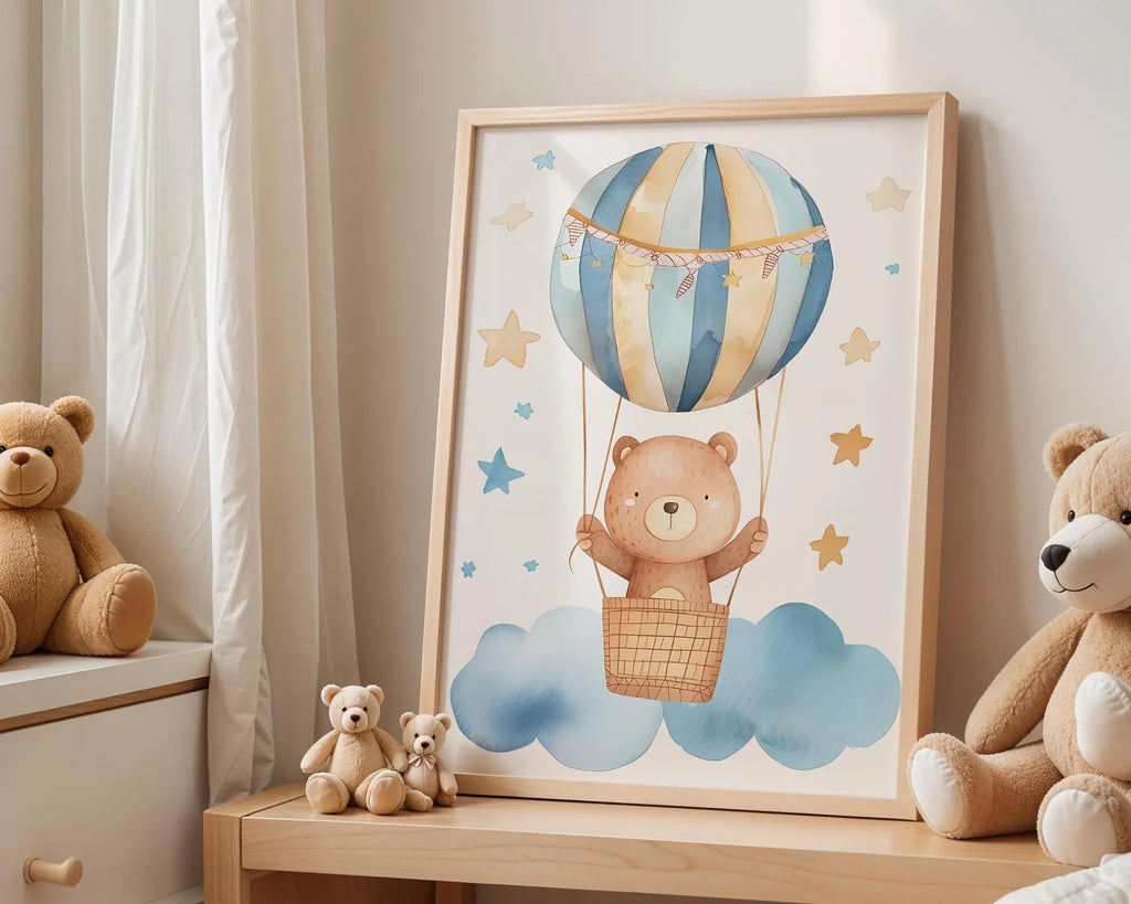 Playroom Ideas | Bear Hot Air Balloon Nursery Print | Boho Sky Wall Art wall art print, modern home decor, unframed artwork by Nomad & Nest