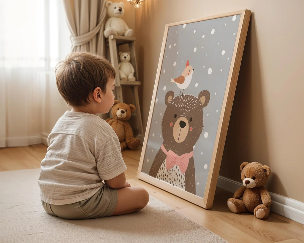 Playroom Ideas | Bear Nursery Wall Art | Woodland Animal Baby Illustration wall art print, modern home decor, unframed artwork by Nomad & Nest