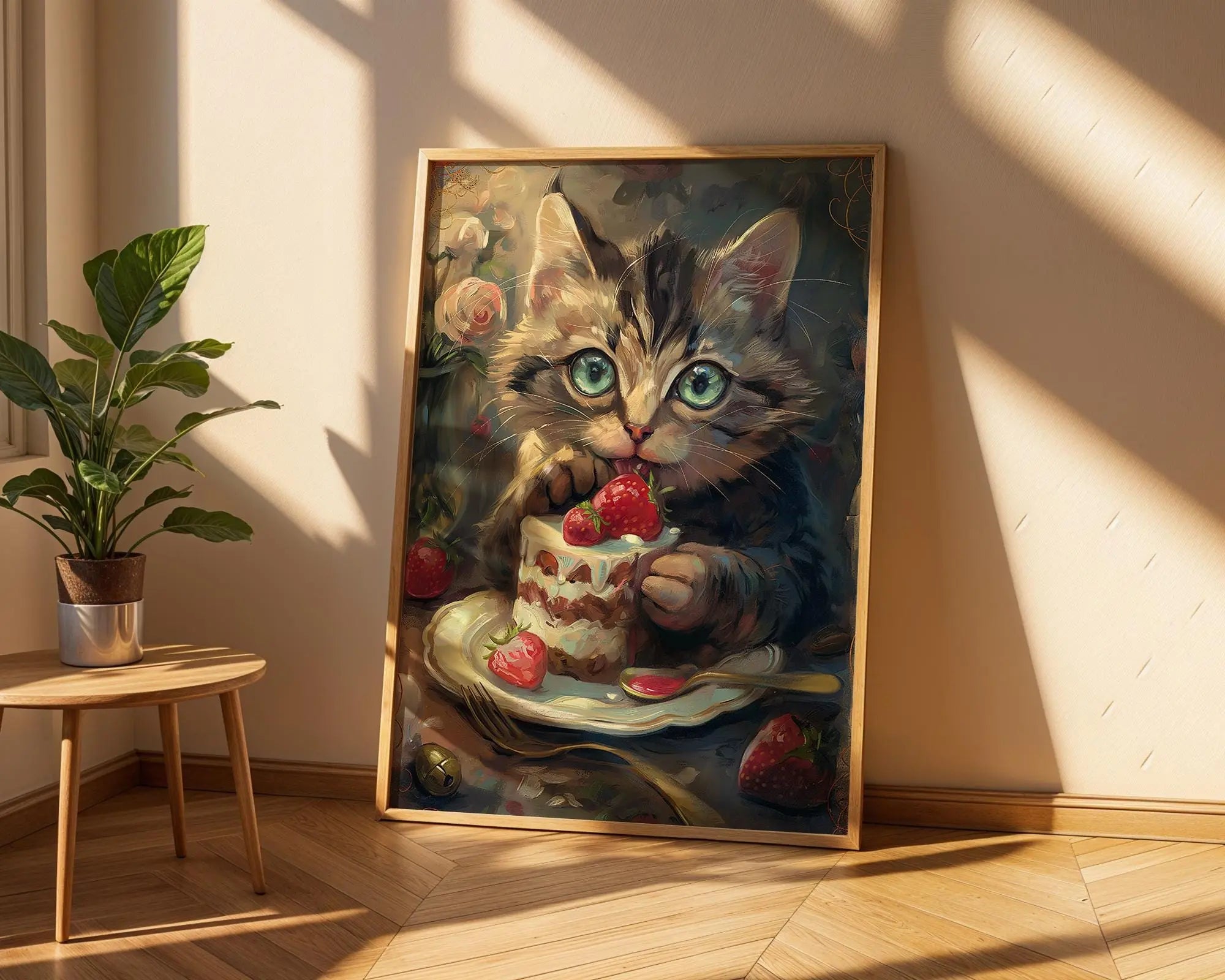 Tabby Kitten Eating Cake Art Print | Whimsical Oil Painting Style wall art print, modern home decor, unframed artwork by Nomad & Nest
