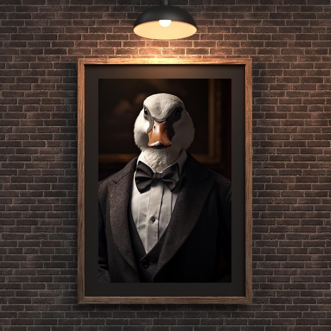 Duck in Tuxedo Art Print | Elegant Animal Portrait wall art print, modern home decor, unframed artwork by Nomad & Nest