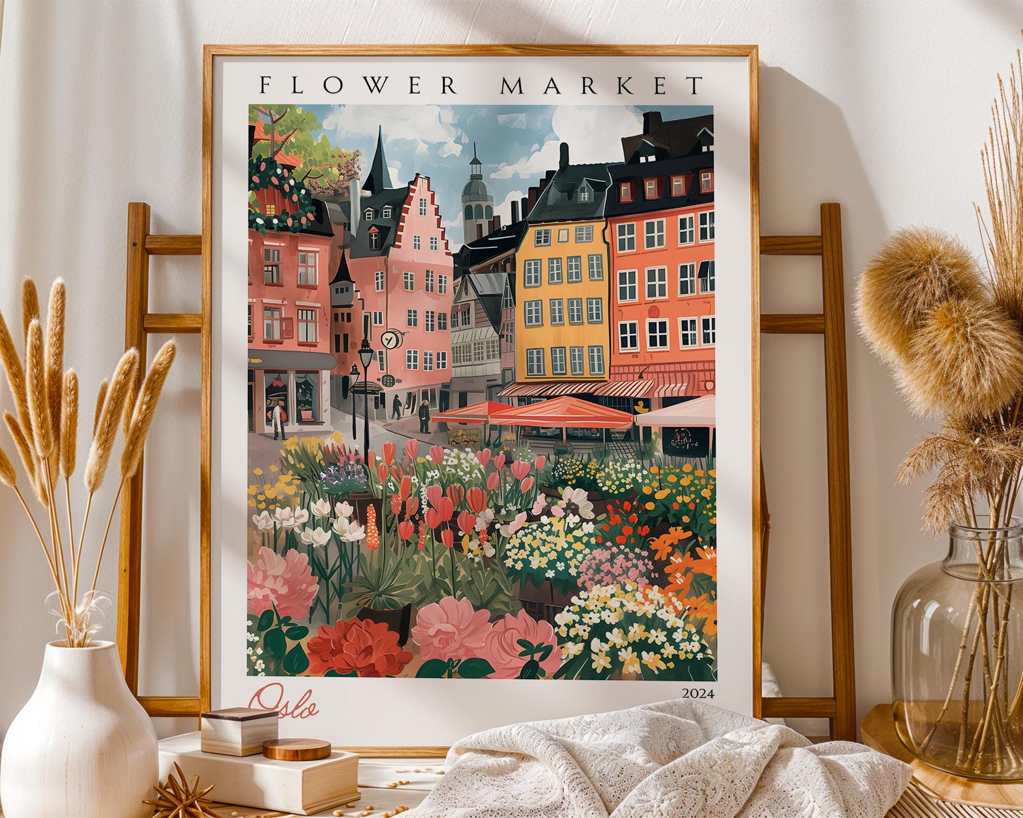 Oslo Flower Market Print | Scandinavian Cityscape Travel Poster wall art print, modern home decor, unframed artwork by Nomad & Nest