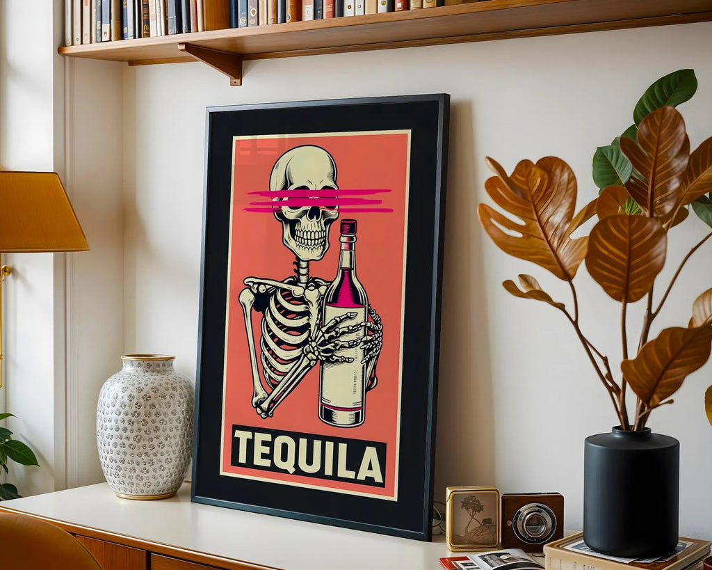 Positive Emotion | Tequila Skeleton Wall Art | Funny Drinking Poster | Bold Retro Bar Decor wall art print, modern home decor, unframed artwork by Nomad & Nest