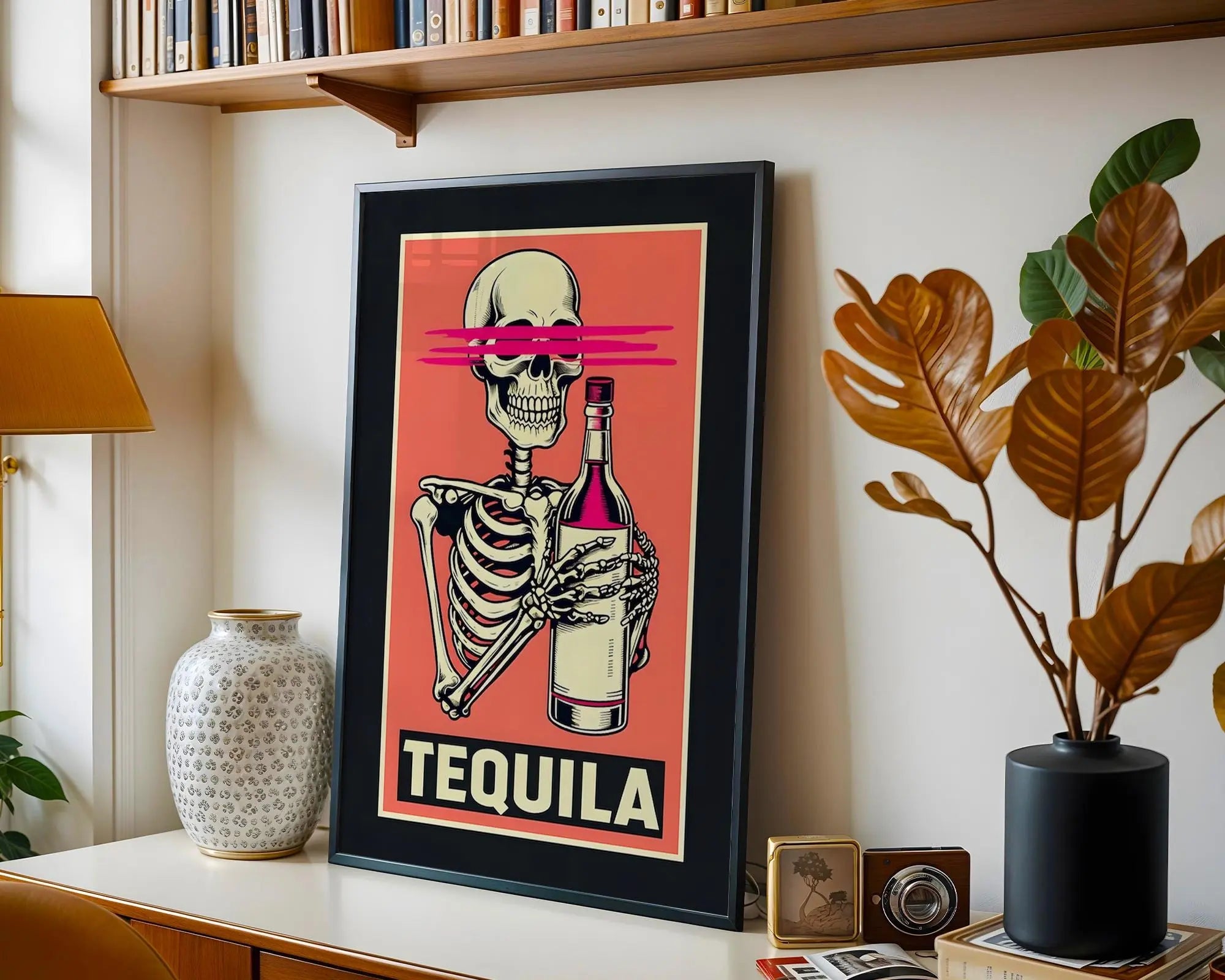 Positive Emotion | Tequila Skeleton Wall Art | Funny Drinking Poster | Bold Retro Bar Decor wall art print, modern home decor, unframed artwork by Nomad & Nest