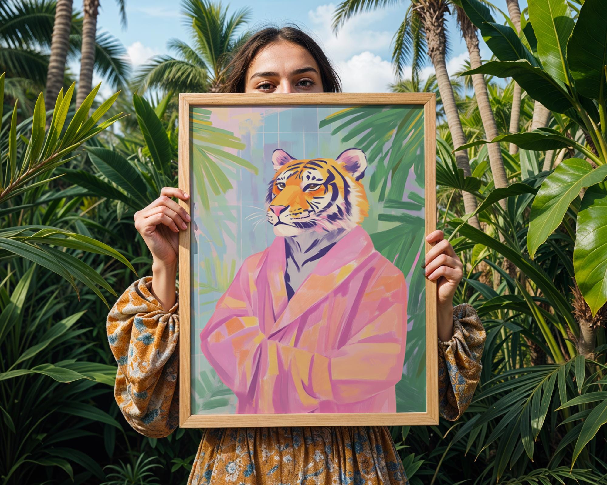 Tiger in Pink Robe Art Print | Whimsical Jungle Animal Poster wall art print, modern home decor, unframed artwork by Nomad & Nest