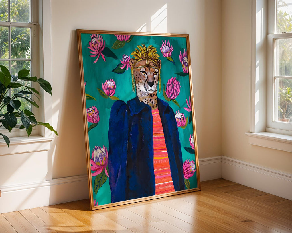 Cheetah Portrait Art Print | Maximalist Animal, Tropical Flowers wall art print, modern home decor, unframed artwork by Nomad & Nest