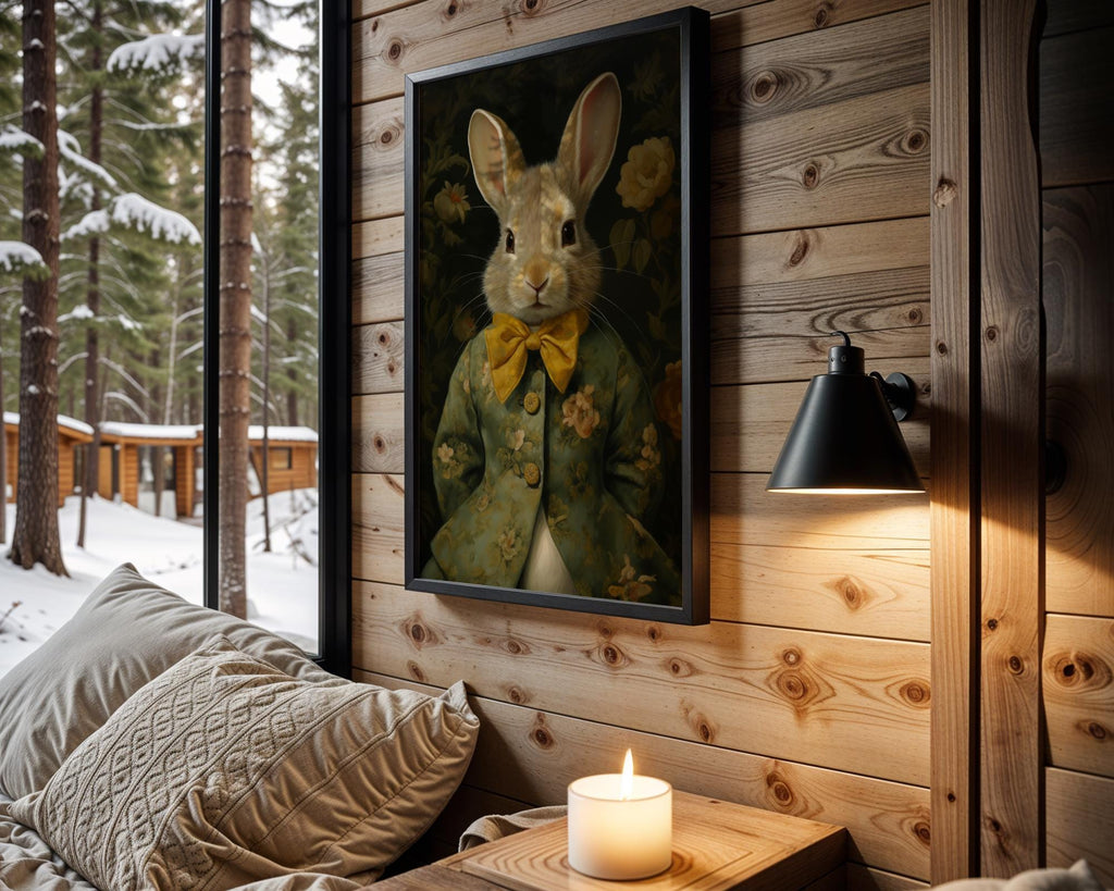 Floral Bunny Print - Anthropomorphic Rabbit in Green Jacket wall art print, modern home decor, unframed artwork by Nomad & Nest