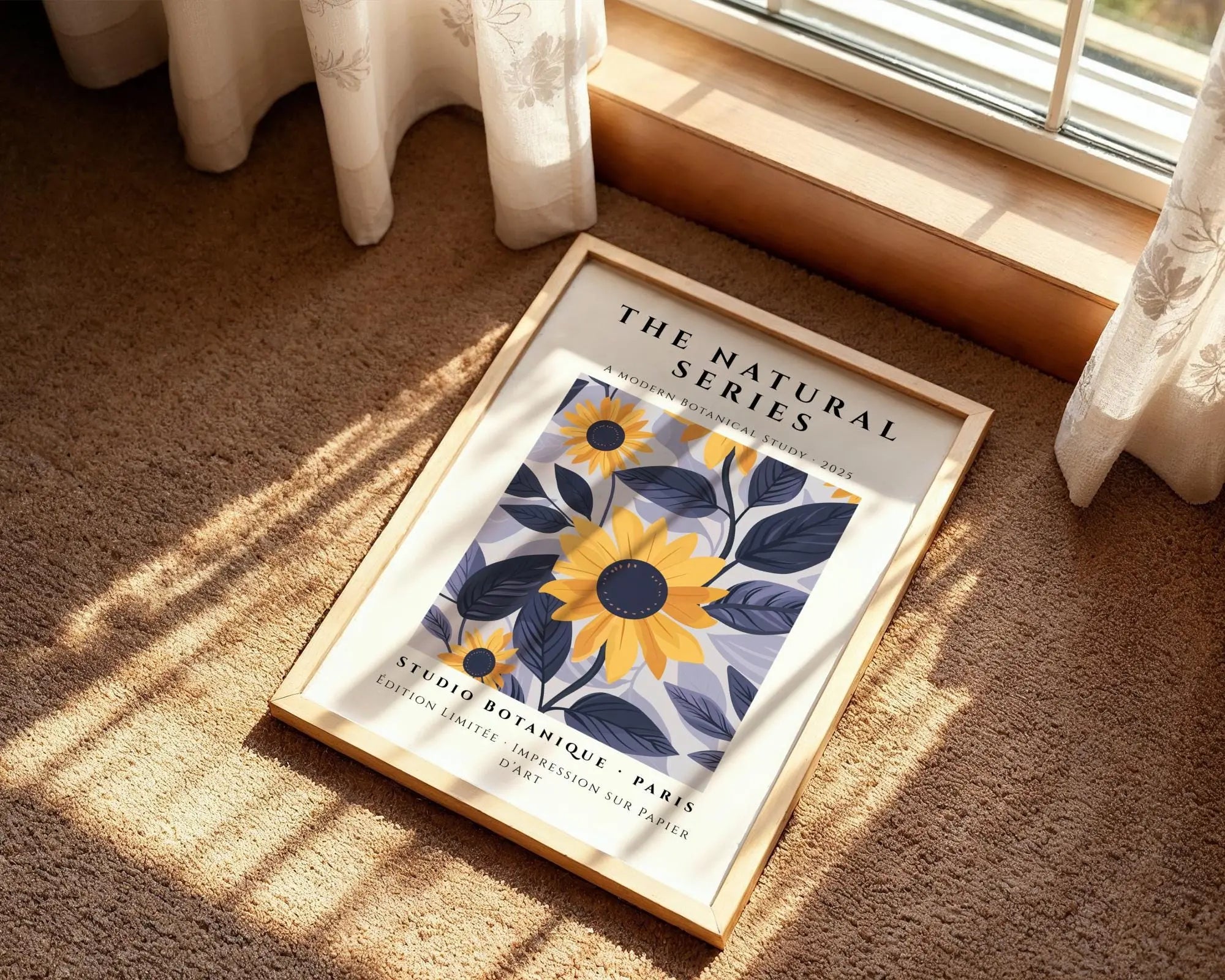 Sunflower Botanical Print • Modern Indigo Leaves Floral Art wall art print, modern home decor, unframed artwork by Nomad & Nest