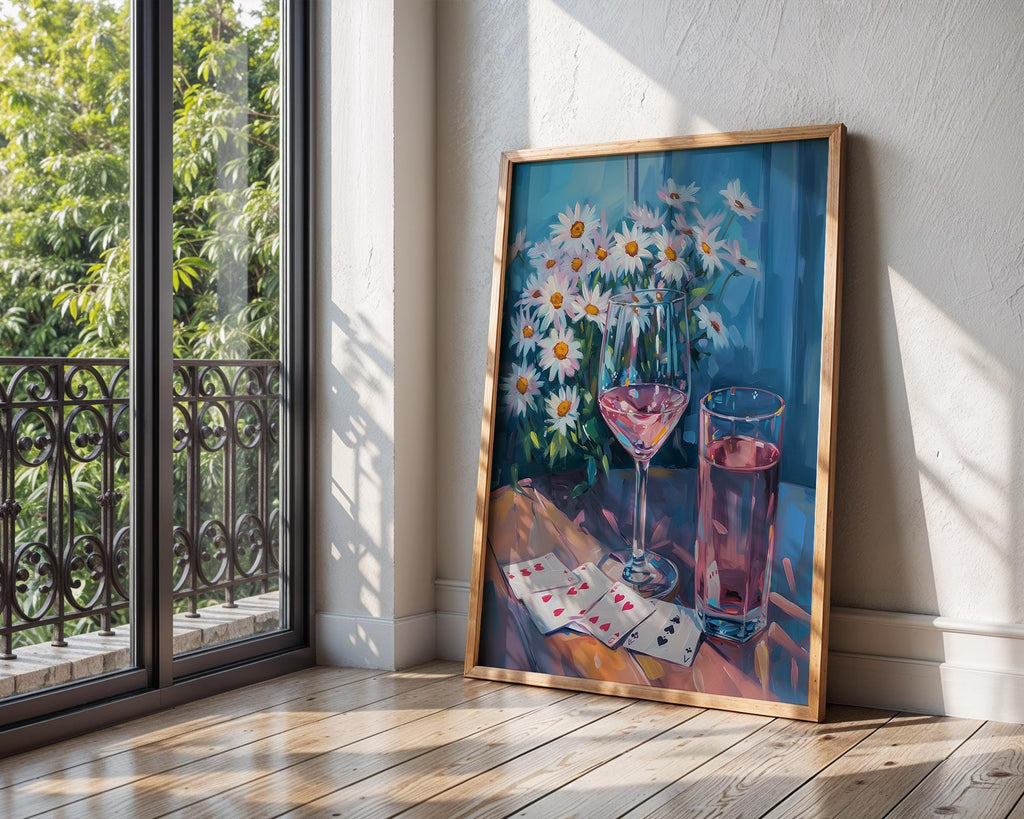 Colourful Prints | Daisy Still Life Print | Rosé, Wine, and Cards Wall Art wall art print, modern home decor, unframed artwork by Nomad & Nest