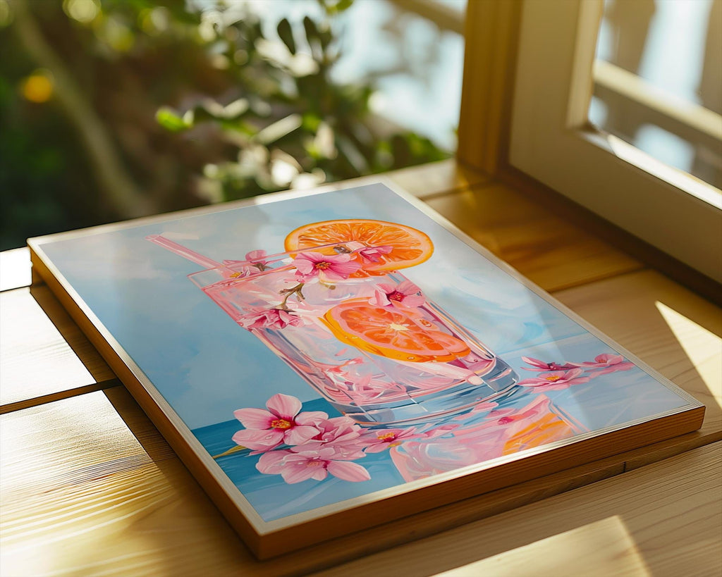 Colourful Prints | Floral Cocktail Art Print | Pink Citrus Drink Poster wall art print, modern home decor, unframed artwork by Nomad & Nest