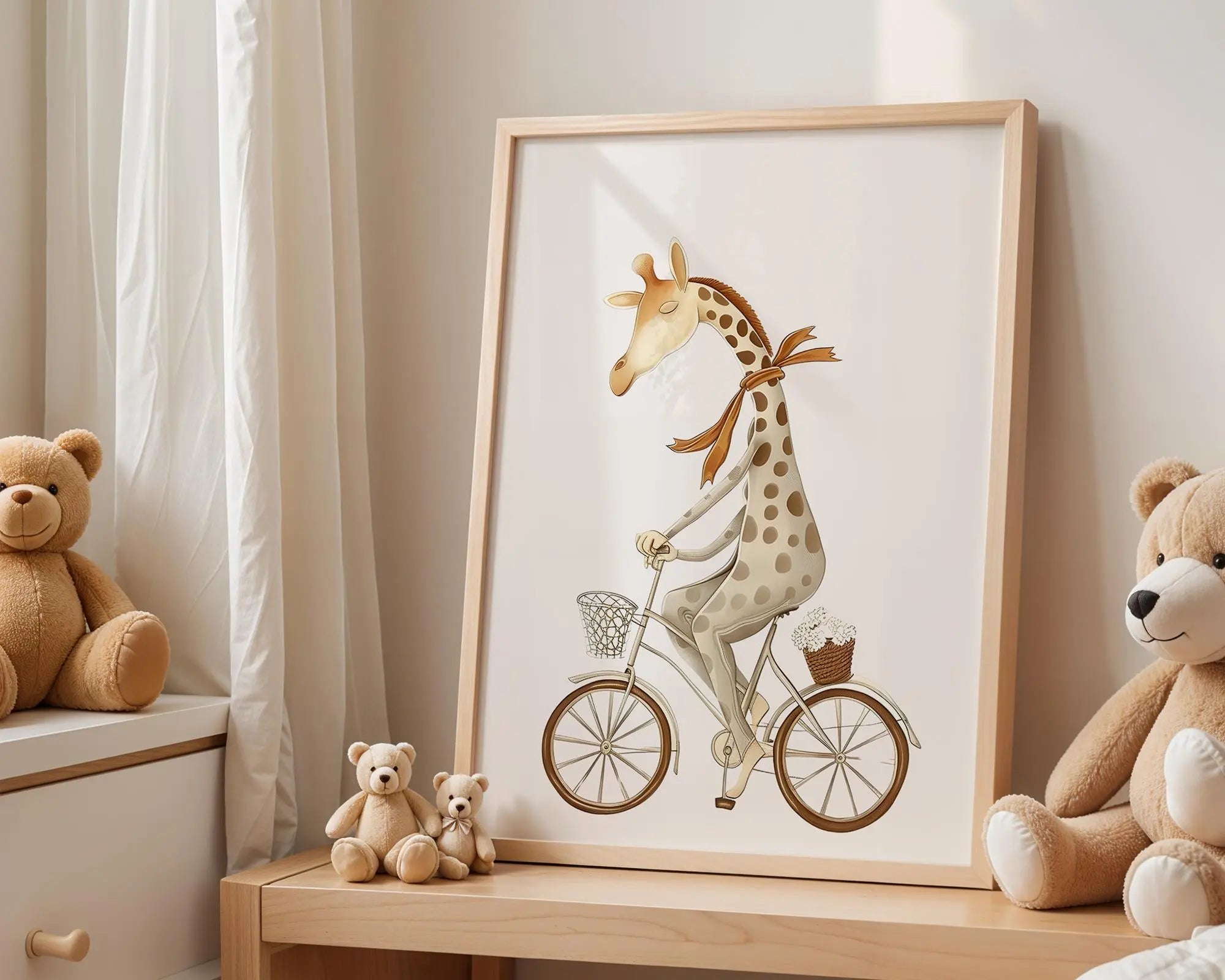 Playroom Ideas | Giraffe Bicycle Nursery Print | Whimsical Animal Art wall art print, modern home decor, unframed artwork by Nomad & Nest