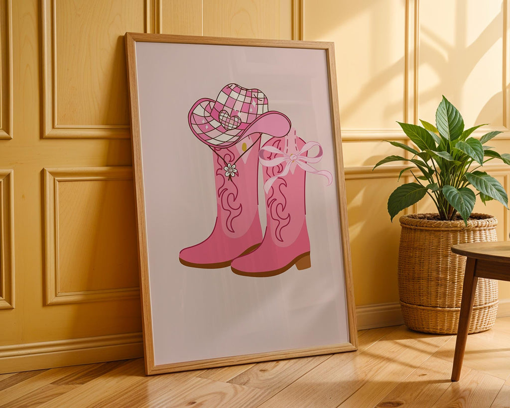 Pink Cowgirl Boots Art Print | Barbiecore Western Poster wall art print, modern home decor, unframed artwork by Nomad & Nest