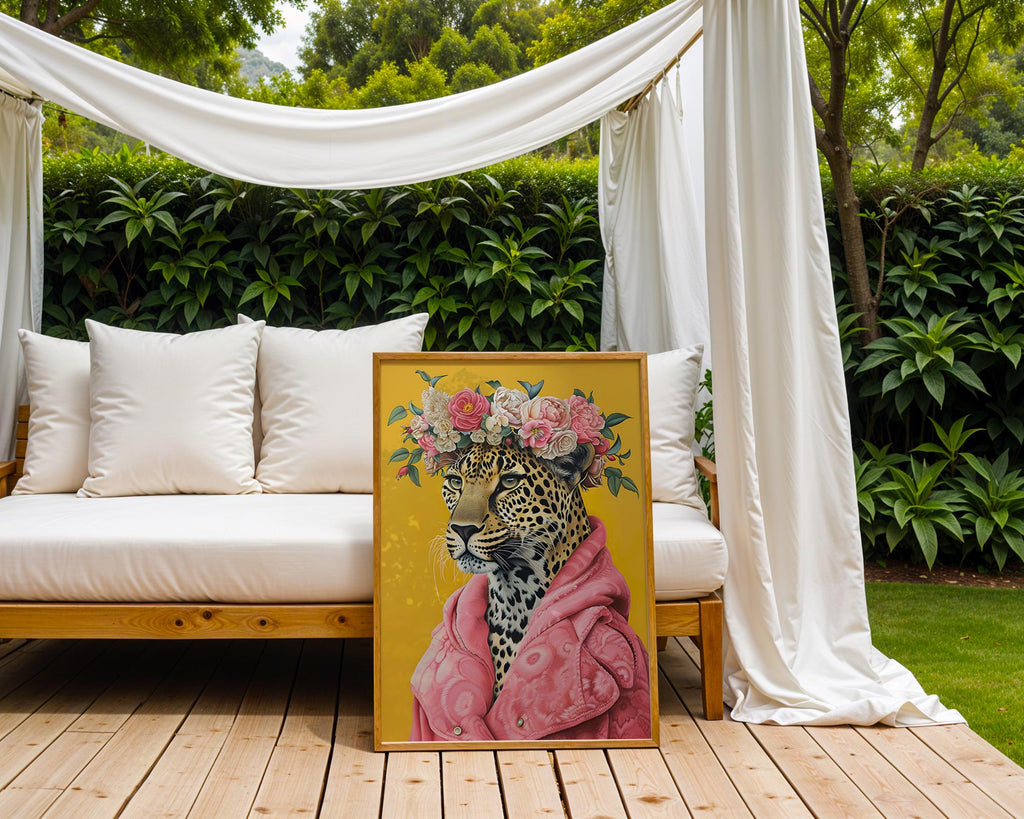 Colourful Prints | Floral Leopard Art Print | Pink Coat, Jungle Queen Portrait wall art print, modern home decor, unframed artwork by Nomad & Nest