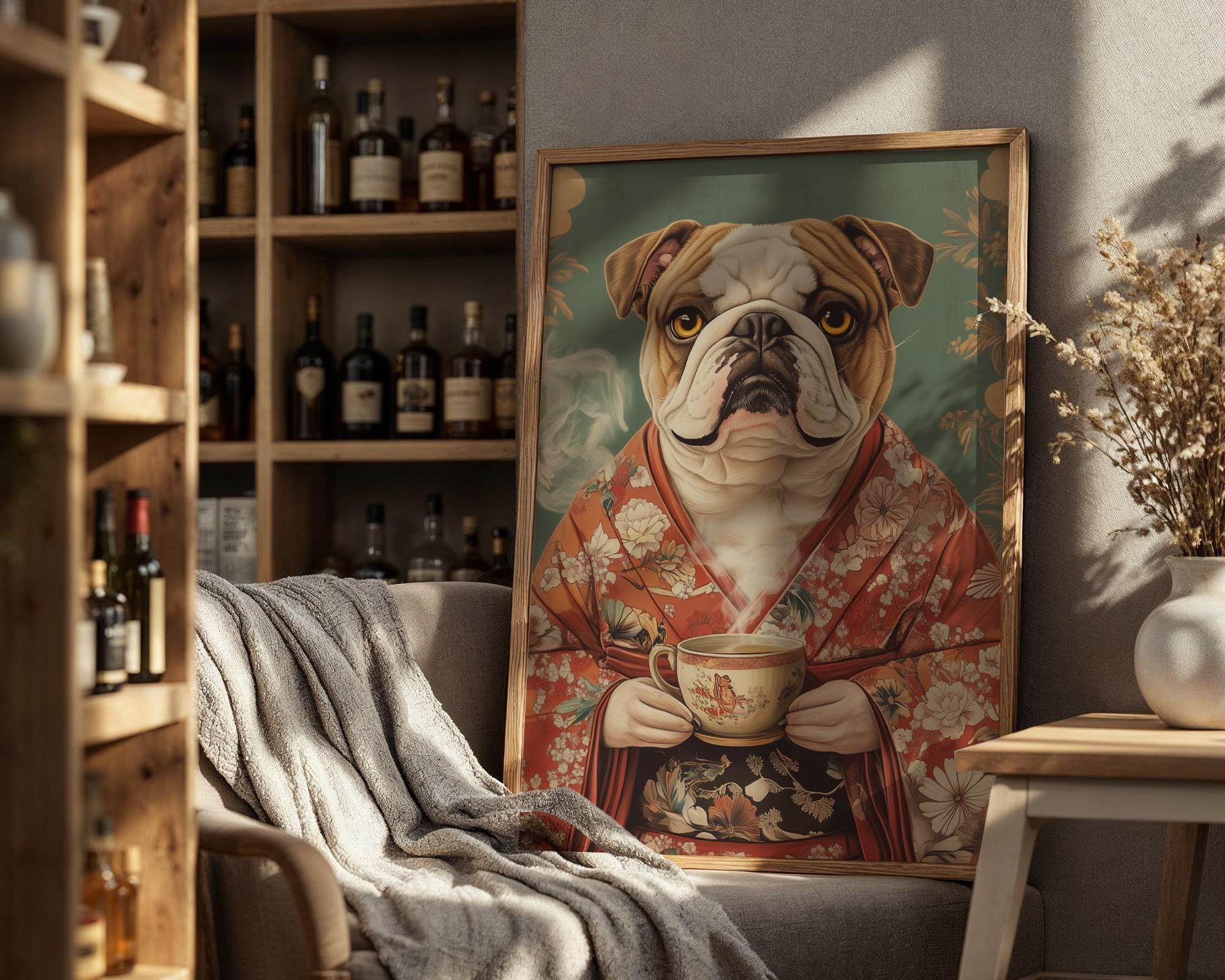 Japanese Poster | Kimono Bulldog Print – Funny Oriental Dog Wall Art wall art print, modern home decor, unframed artwork by Nomad & Nest